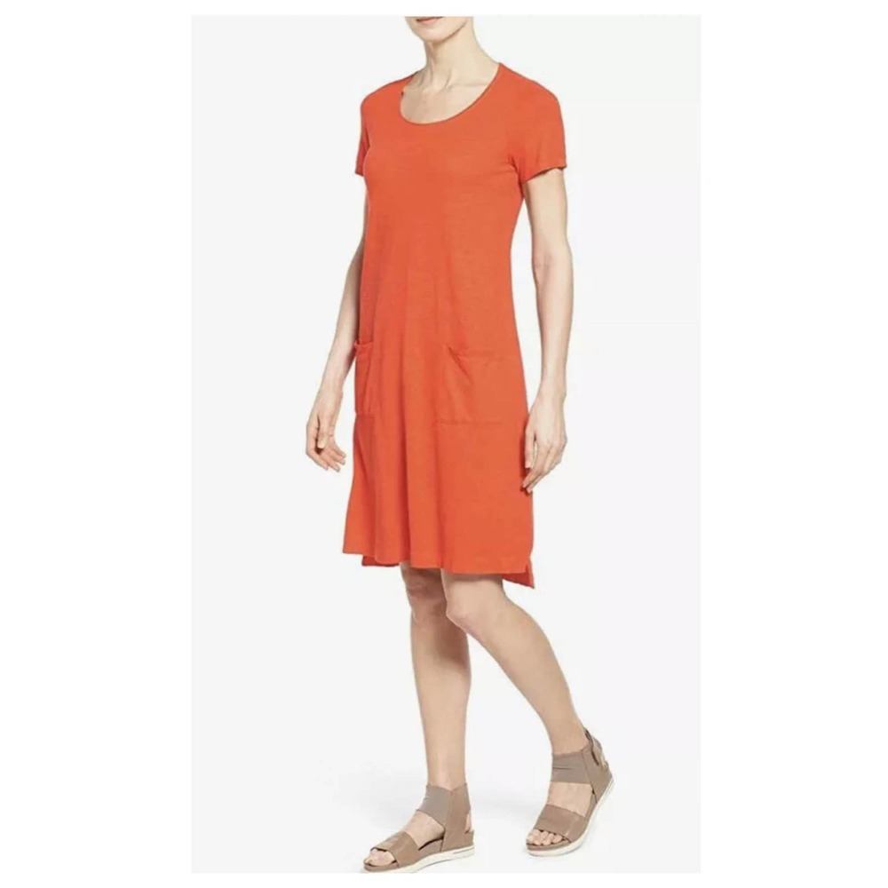 Eileen Fisher Hemp Organic Cotton Twist Coral Orange T-Shirt Dress